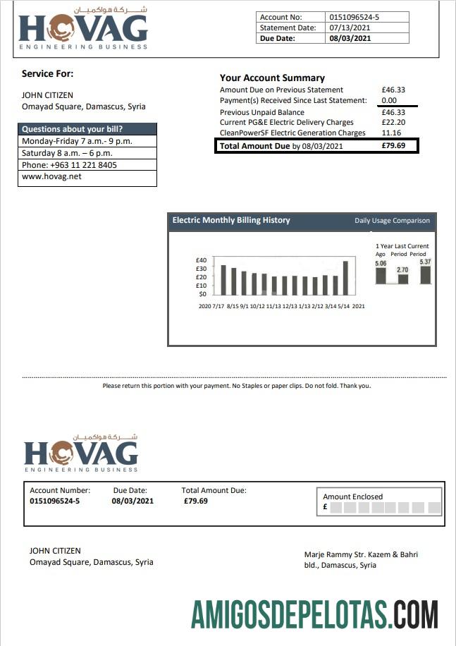 Em branco modelo de conta de serviços públicos de eletricidade da Síria HOVAG Company em formato Word e PDF